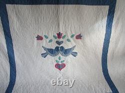 Vintage Hand Appliqué HAND QUILTED QUILT, BLUE BIRDS OF HAPPINESS, LARGE 94 X108