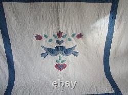 Vintage Hand Appliqué HAND QUILTED QUILT, BLUE BIRDS OF HAPPINESS, LARGE 94 X108