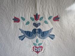 Vintage Hand Appliqué HAND QUILTED QUILT, BLUE BIRDS OF HAPPINESS, LARGE 94 X108