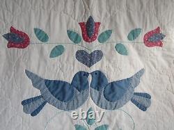 Vintage Hand Appliqué HAND QUILTED QUILT, BLUE BIRDS OF HAPPINESS, LARGE 94 X108