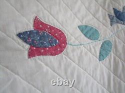 Vintage Hand Appliqué HAND QUILTED QUILT, BLUE BIRDS OF HAPPINESS, LARGE 94 X108