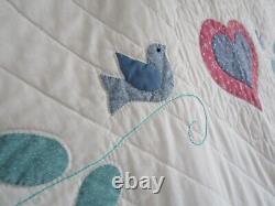 Vintage Hand Appliqué HAND QUILTED QUILT, BLUE BIRDS OF HAPPINESS, LARGE 94 X108