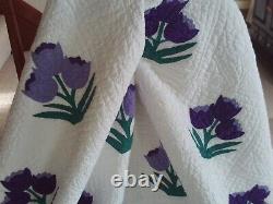 Vintage Hand Appliqued and Densely Hand Quilted Tulip Quilt 72 x 84