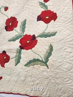 Vintage Hand Appliquéd and Quilted Garden Poppy Quilt 75x94
