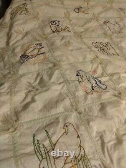 Vintage Hand Embroidered, Hand Sewn & Hand Tied Quilt 77x80 Full Queen Birds