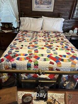 Vintage Hand Embroidered Hand Stitched & Quilted Multicolor 76x 90