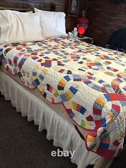 Vintage Hand Embroidered Hand Stitched & Quilted Multicolor 76x 90