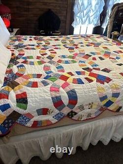 Vintage Hand Embroidered Hand Stitched & Quilted Multicolor 76x 90