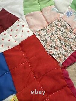 Vintage Hand Embroidered Hand Stitched & Quilted Multicolor 76x 90