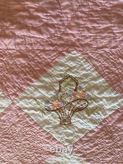 Vintage Hand Embroidery Flower Basket and Hand Quilted