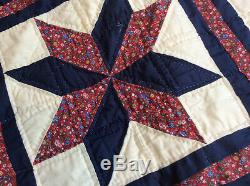 Vintage Hand Made And Quilted 94 L 80 W Beautiful Quilt White Blue Floral Red