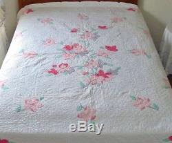 Vintage Hand Made Applique Embroidered Cotton Quilt Pink Gray Flowers Green