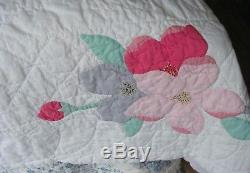 Vintage Hand Made Applique Embroidered Cotton Quilt Pink Gray Flowers Green