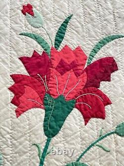 Vintage Hand Made Applique Red Flower Quilt YY909