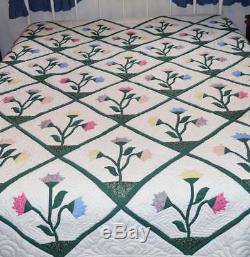 Vintage Hand Made Carolina Lily Bed Quilt 100 X 80 Hand Quilted Hand Appliqued