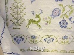 Vintage Hand Made Cross Stitch House Quilt Size 76 X 95