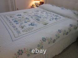 Vintage Hand Made Cross Stitch Quilt Blue & White 90 x 78 Its A Masterpiece