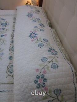 Vintage Hand Made Cross Stitch Quilt Blue & White 90 x 78 Its A Masterpiece