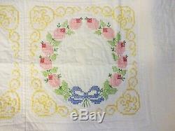 Vintage Hand Made Cross Stitch Rosebud Wreath Quilt Size 77 X 96