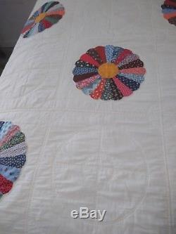 Vintage Hand Made Dresden Plate Quilt Cream With Borders Signed 1984