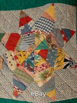 Vintage Hand Made Feedsack 1940s Star Quilt 74 X 87