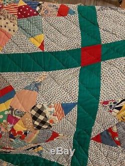Vintage Hand Made Feedsack 1940s Star Quilt 74 X 87