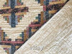 Vintage Hand Made Feedsack and Cream Log Cabin Quilt 90 X 104 Star Free Shipping