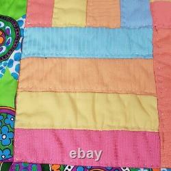 Vintage Hand Made Funky Colorful Paisley Square Rectangles Quilt 90x68