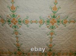 Vintage Hand Made Golden Yellow & Green Cross Stitch Embroidered Quilt 86x78