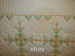Vintage Hand Made Golden Yellow & Green Cross Stitch Embroidered Quilt 86x78