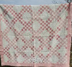 Vintage Hand Made Hand Sewn Pink & White Quilt 73 x 76