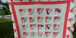 Vintage Hand Made Hand Stitched Fan Quilt Red Border 68 x 76