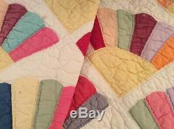 Vintage Hand Made Hand Stitched Hand Sewn Quilted Quilt Fan Pattern 66x80