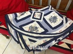 Vintage Hand Made Handmade Patchwork Quilt Floral Stripe Throw Bed Cover