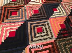 Vintage Hand Made LOG CABIN Quilt WOOL Pieced Great Condition