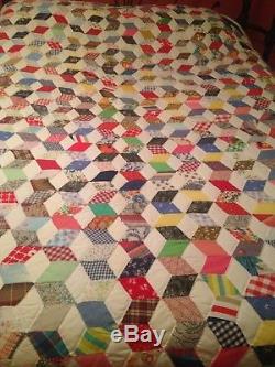 Vintage Hand Made Patchwork, Multi Color Tumbling Blocks, King Size Quilt