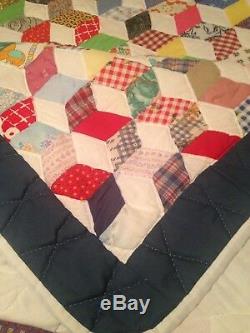 Vintage Hand Made Patchwork, Multi Color Tumbling Blocks, King Size Quilt