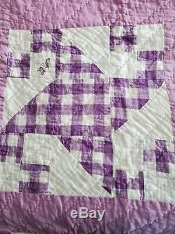 Vintage Hand Made Purple Patterned Quilt 74 x 80 Hand Stitched Signed