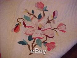 Vintage Hand Made Quilt, Appliqued Pink Flowers And Leaves Design