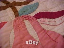 Vintage Hand Made Quilt, Appliqued Pink Flowers And Leaves Design
