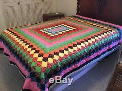 Vintage Hand Made Quilt Dynamic Diamonds Pattern Full / Queen 77 x 89