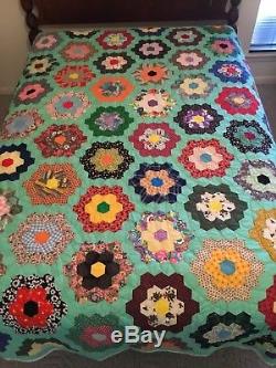 Vintage Hand Made Quilt Grandma's Flower Garden Twin / Full 65 x 85