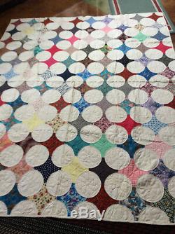 Vintage Hand Made Quilt Hand Quilted White Circle White Back 83 x 67