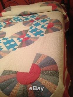Vintage Hand Made Quilt, Jacobs Ladder And Grandmothers Fan Pattern, King Size