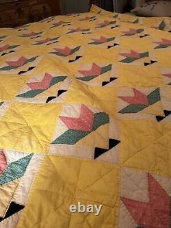 Vintage Hand Made Quilt Old Fabric Geometric Yellow Floral 66x 79 Inches