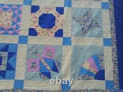 Vintage Hand Made Quilt Sampler Hand QuiltedDresdenFan 86 x 100