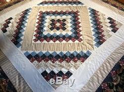 Vintage Hand Made Quilt in Beige, Maroon, Light Blue! Dark Blue And White