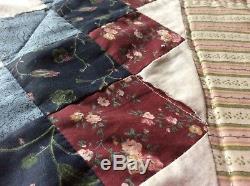 Vintage Hand Made Quilt in Beige, Maroon, Light Blue! Dark Blue And White