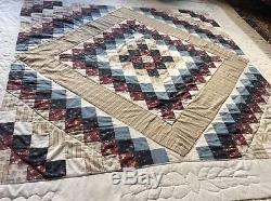 Vintage Hand Made Quilt in Beige, Maroon, Light Blue! Dark Blue And White