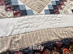 Vintage Hand Made Quilt in Beige, Maroon, Light Blue! Dark Blue And White